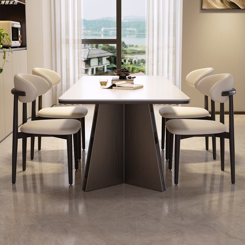 Sintered Stone Dining Table with Full Base Plate, Rectangular Dining Table, Light Luxury Modern Minimalist Designer Stainless Steel Dining Table