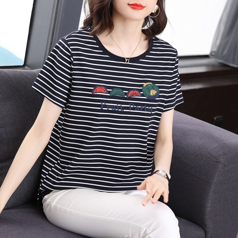 Striped T-Shirt for Women, Summer Wear 2025 New Style, Middle-Aged Mom's Top, Plus Size, Short-Sleeved, Loose, Embroidered, Round Neck, Half-Sleeve T-Shirt