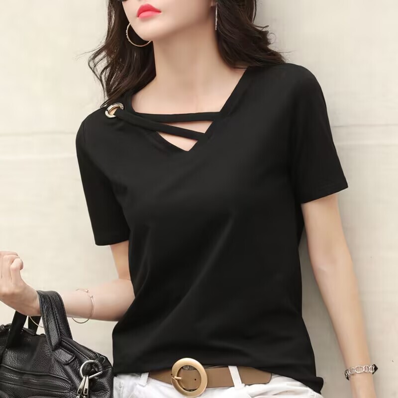 Versatile Short-Sleeved Women's New Summer White T-Shirt, Women's V-Neck Loose Korean Style Black Top, Casual Cotton T-Shirt