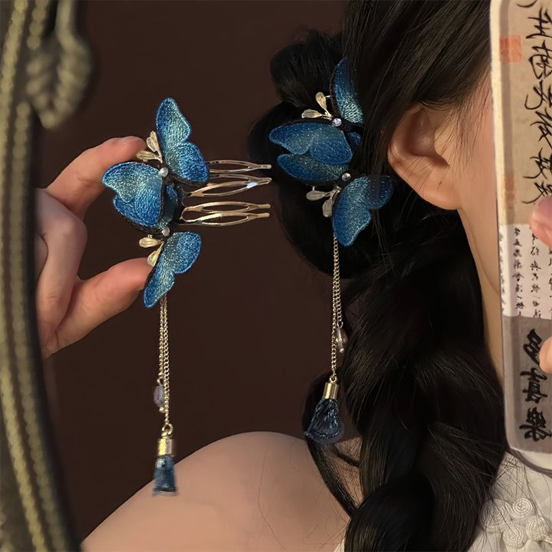 Shanmu Handmade'Lan Die You Yun' Chinese Style Blue Butterfly Hair Comb for Women, High-End Ancient Style Hairpin Hair Accessory Insert Comb