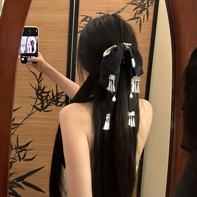 Shanmu Handmade'Ink Dyed Pine Forest' New Chinese Style Ribbon Bow Tassel Hair Clip Women's Shark Clip Half-Up Hair Accessory Shanmu Handmade'Ink Dyed Pine Forest' New Chinese Style Ribbon Bow Tassel Hair Clip Women's Shark Clip Half-Up Hair Accessory