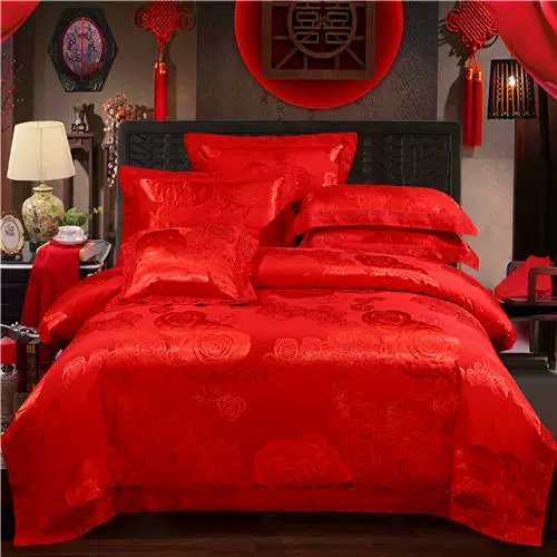 Zhen Thủy dệt bông denim cưới đích thực satin đỏ jacquard sáu bộ quilt flagship 4 - Bộ đồ giường bốn mảnh