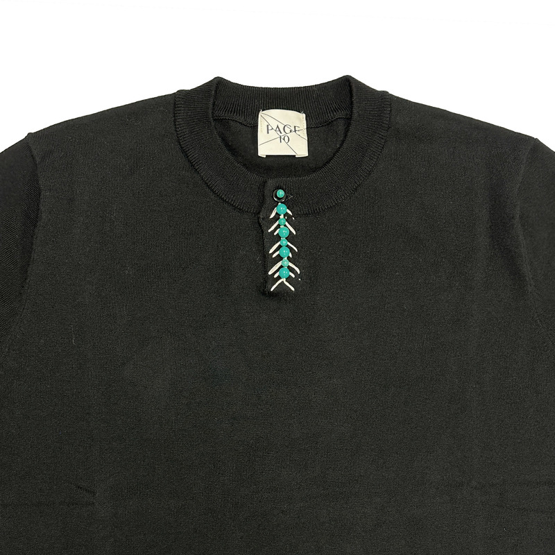 Page10 Hand-Sewn Turquoise Herringbone Pattern Pure Cotton Slightly Loose Henry Collar Knitted T-Shirt Unisex