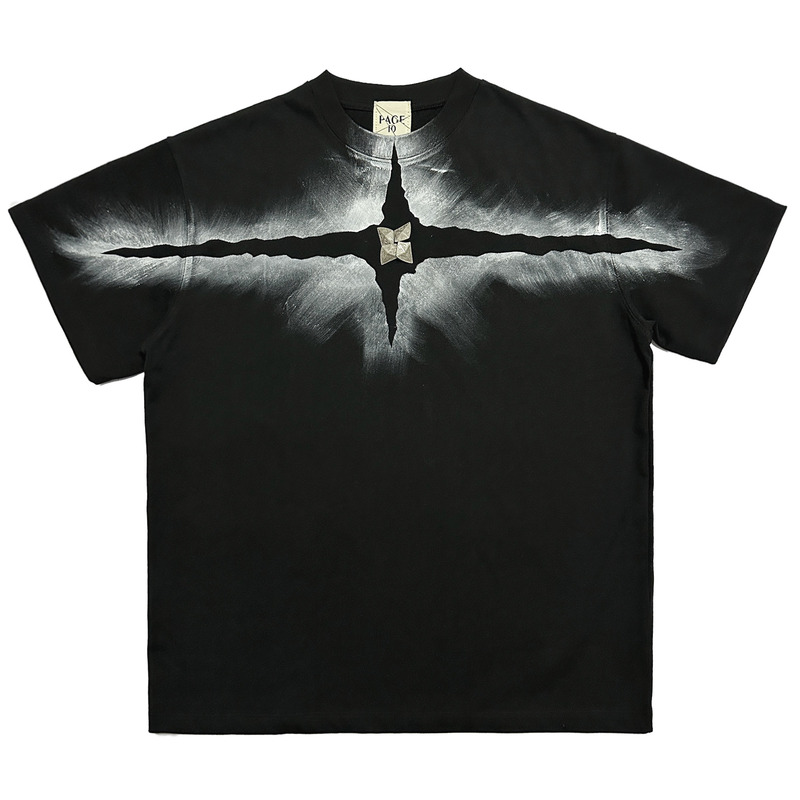 Page10 Hand-Painted Cracked Four-Pointed Star Illusion Metallic Heavy Small Neckline Loose Pure Cotton Short-Sleeve T-Shirt
