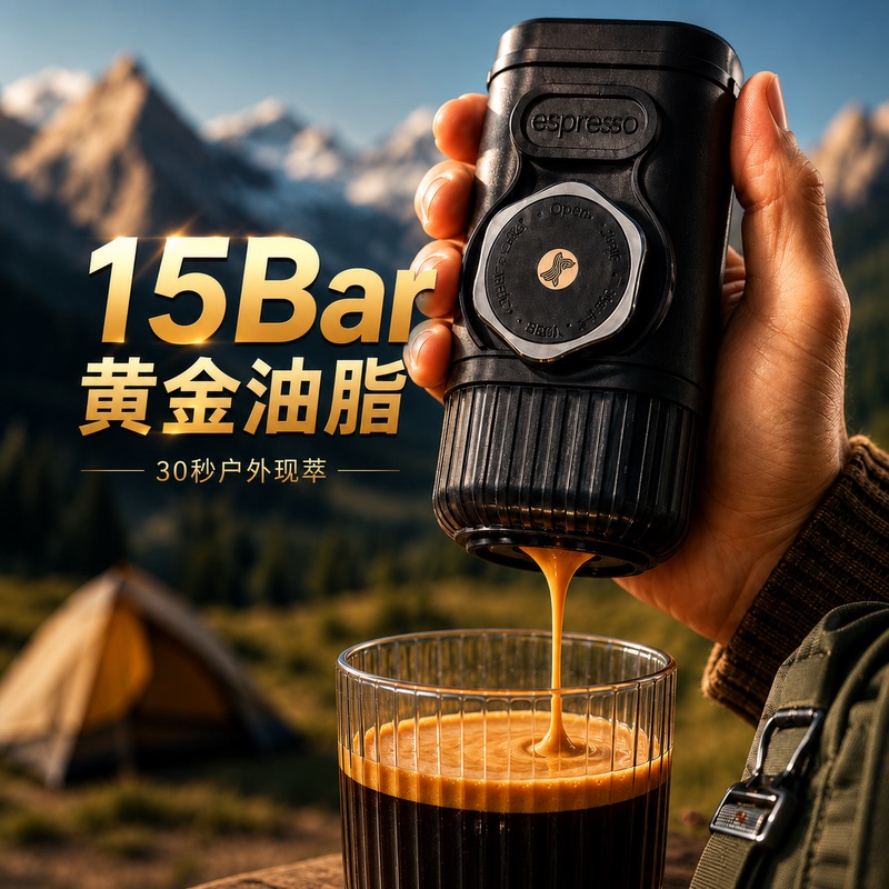 15Bar Portable Coffee Machine 30S Instant Golden Oil Extraction Outdoor Hiking Self-Driving Camping Portable Hand-Pressed Espresso Machine