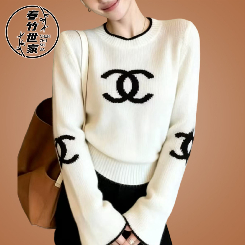 Shanghai's Old Brand Chunzhu Shijia Pure Wool Sweater for Women, High-End Light Luxury Double C Color-Blocking Fashionable Age-Reducing Knitted Sweater