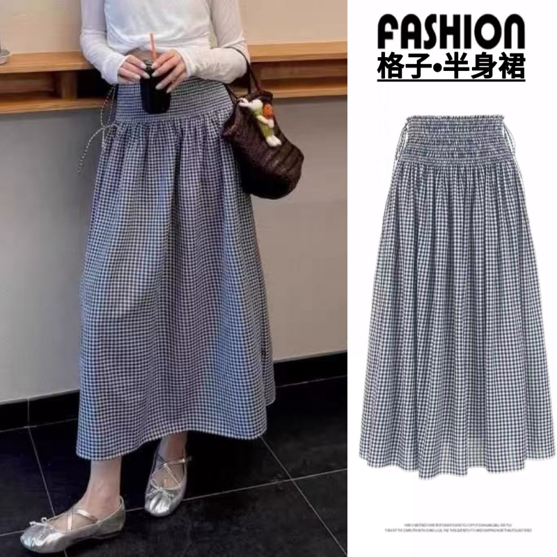 Maternity Skirt for Summer, High-End Style, Blue Plaid Skirt, High-Waisted, Slimming, Belly-Supporting A-Line Long Skirt