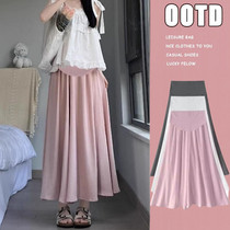 Maternity skirt summer thin outer wear ice silk cotton and linen skirt high waist slimming belly support A-line long skirt summer dress