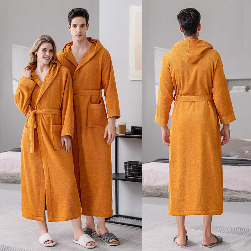 Autumn and Winter All-Season Men's Hooded Bathrobe, Pure Cotton Towel Material, Absorbent, Large Size, Extended Length, Unisex