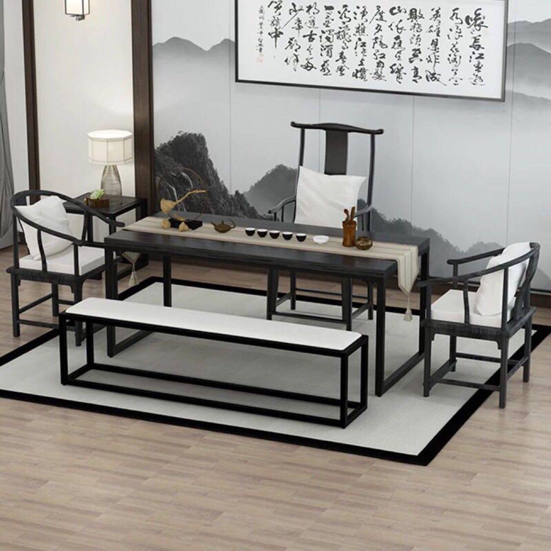 New Chinese iron art solid wood tea table modern minimalist living-room tea desk tea building Zen Yigong fu tea table and chairs combination