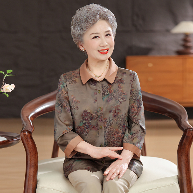 2026 New Style Elderly Women's Mom-Style Shirt with Three-Quarter Sleeves, Summer Thin Turn-Down Collar Top with Pockets