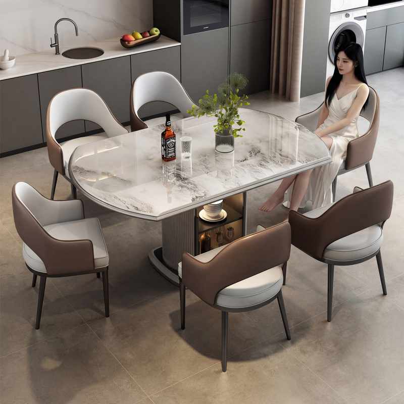 Natural Marble Italian-Style Light Luxury Retractable Folding Square and Round Dual-Use Dining Table for Small Apartments with Storage, Microcrystalline Stone Table and Chairs