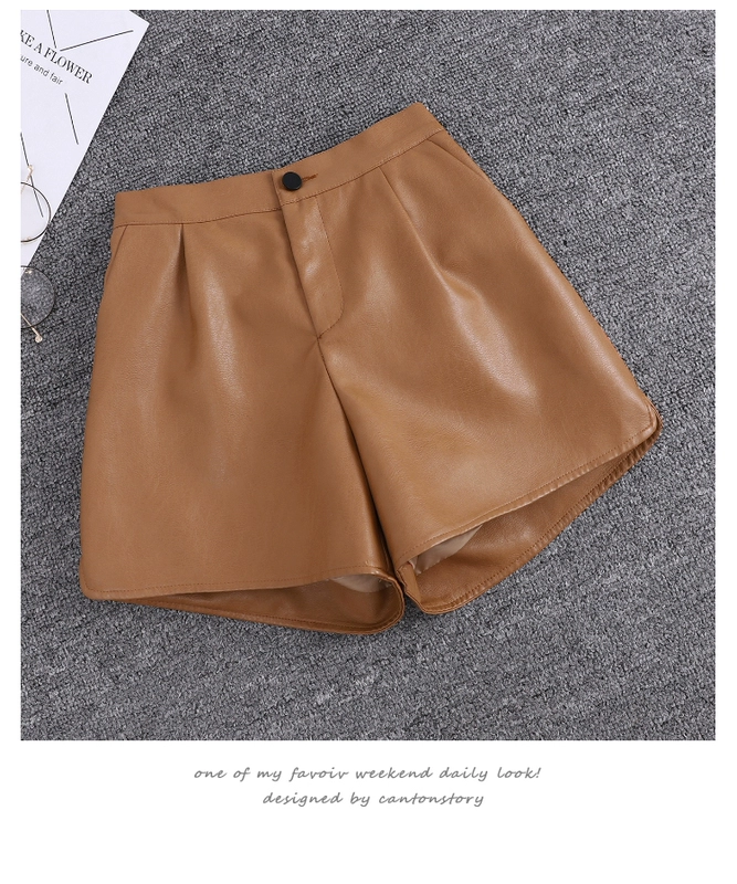 Quần short da nữ mùa thu và mùa đông eo cao mặc pu da chân rộng quần lỏng lẻo quần da giản dị quần jean ngắn nữ