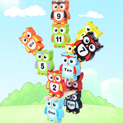 Children's wooden large color digital stacking high building blocks children's educational balance owl stacking toy