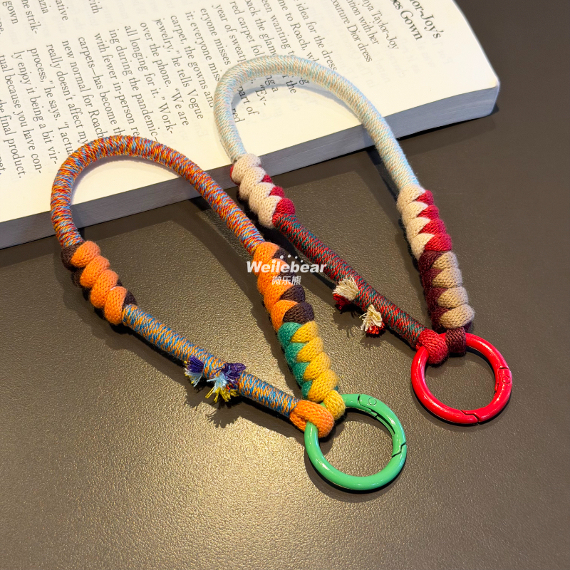 Fashionable Dopamine High-Grade Cotton Rope Phone Lanyard Short Creative Metal Spacer Anti-Lost Wrist Strap Phone Chain