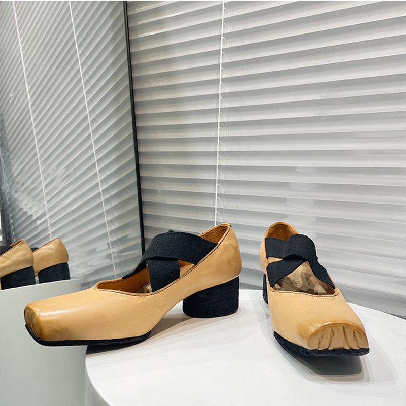 UMA high-heeled ballet shoes women's handmade retro old washed horseskin dark cross strap Mary Jane shoes