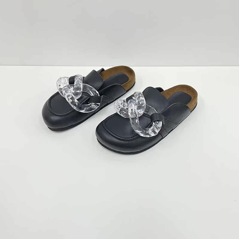 Haute Couture spring and summer models jw couples transparent chain buckle Baotou half drag single shoes women's thick bottom non-slip half drag