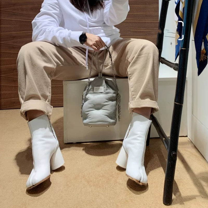 MaisonMagica and nude boots MM6 Toe Shoes Ins Pig Hooves Coarse Heel Leather Short Boots Women Shoes Tabi Martin boots