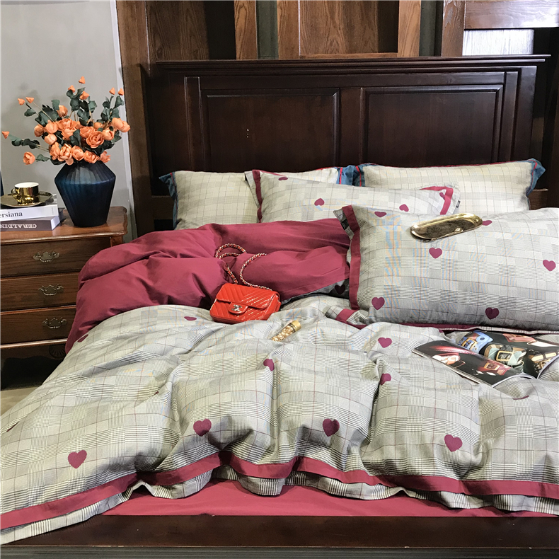 Chải bông denim chi nhánh 60 tình yêu retro màu đỏ kẻ sọc ấm bông in giường 1.8m - Bộ đồ giường bốn mảnh chăn ga đẹp