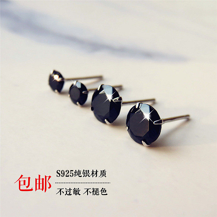 925 sterling silver diamond small earrings for men and women Japanese and Korean simple temperament personality students hypoallergenic agate simple black