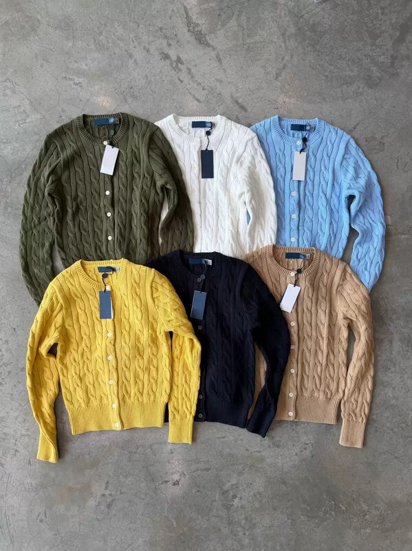 High-Quality/Scanable Qr Code Rl Ralph Lauren Style Cable Knit Small Horse Logo All-Cotton Crew Neck Cardigan, Order One Size Larger if You Want a Larger Fit