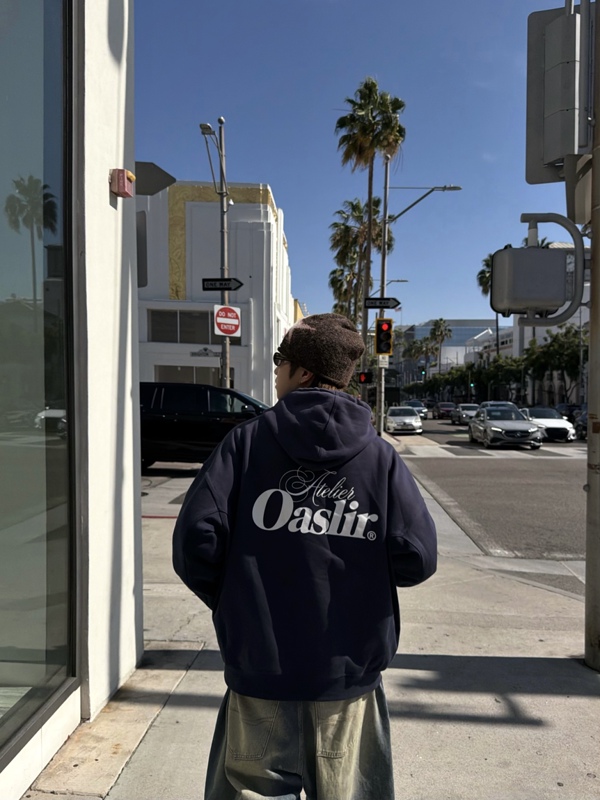 Oaslir American-Style Heavyweight Washed 500g Double-Zipper Jacket with Silhouette Patchwork Design and Floral Embroidery Print Sweatshirt