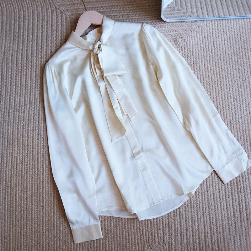 Li~ Brand Silk Shirt with Bow, Elegant and Comfortable Long-Sleeve Shirt, Cut Label Style, 22 Momme