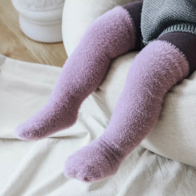 19 autumn winter children's socks solid color plus velvet plus thick warm long tube male and female babies over the knee socks bubble socks baby high