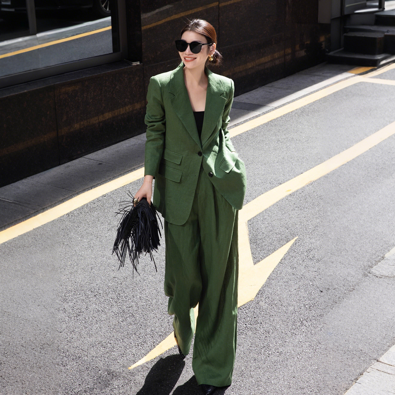 Green Fashionable Commuter Suit for Women 2026 Spring and Autumn New Style Elegant Long-Sleeved Blazer Wide-Leg Pants Two-Piece Set