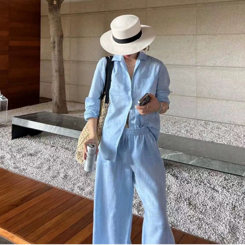 Old Money Style Linen Shirt White Suit for Women Summer Lazy Loose High-End Cotton and Linen Sun Protection Clothing Casual Pants Two-Piece Set