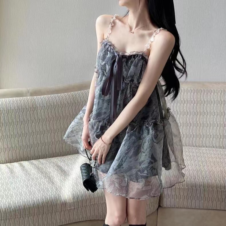 Mesh Fairy-Like Dress for Women, Summer Outerwear with a Unique Design, Niche Style, Distinctive and Delicate, Puffy Strap Dress Mesh Fairy-Like Dress for Women, Summer Outerwear with a Unique Design, Niche Style, Distinctive and Delicate, Puffy Strap Dress