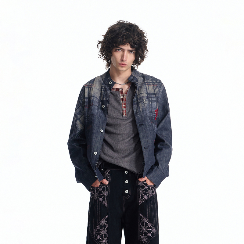 Emobrother* Reversible Blue Raw Denim Type1 Denim Jacket Vintage Plaid Dirty-Dyed Shirt Jacket
