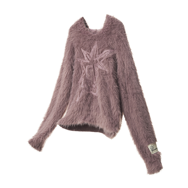 Emobrother* Logo Embroidered Hooded Faux Mink Pink Sweater Patch Soft and Warm Ostrich Top
