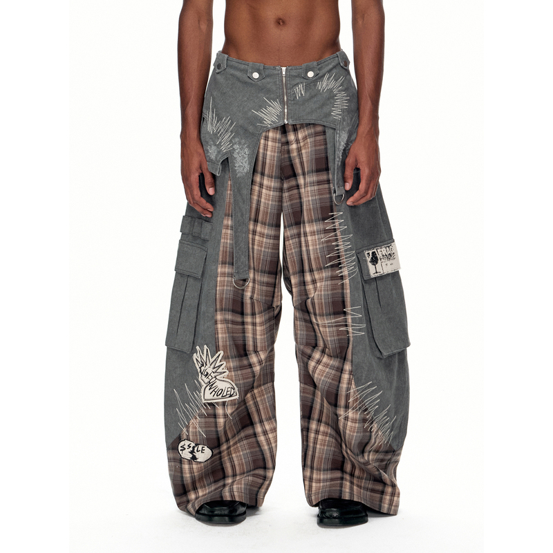 Emobrother* “Network Label” Detachable Waistband Patchwork Patch Embroidered Patchwork Plaid Cargo Pants