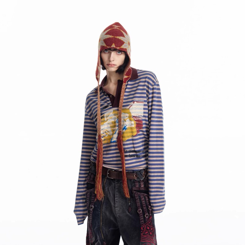 [Celebrity Style] Emobrother* Vintage Distressed Polo Collar Striped Color-Block Print Long Sleeve T-Shirt