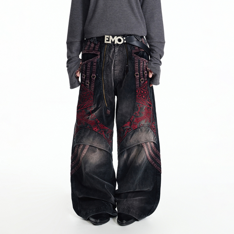 Emobrother* Retro Embroidered Washed Corduroy Patchwork Straight-Leg Jeans with Adjustable Waist Work Pants