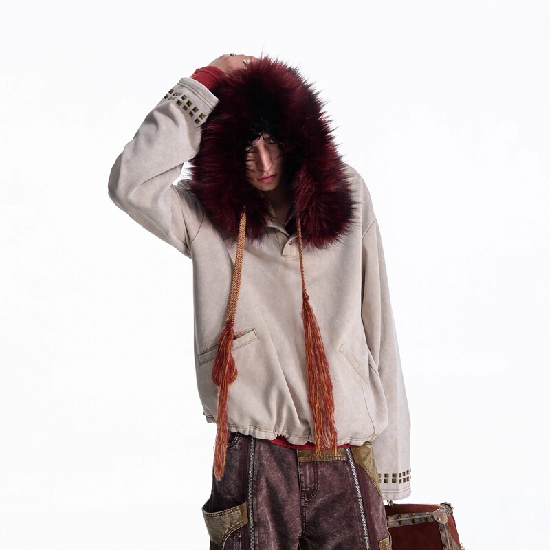 Emobrother* Detachable Fur Collar Short Hooded Sweatshirt with Vintage Print and Adjustable Cuffs, Rhinestone-Embellished Hoodie Emobrother* Detachable Fur Collar Short Hooded Sweatshirt with Vintage Print and Adjustable Cuffs, Rhinestone-Embellished Hoodie