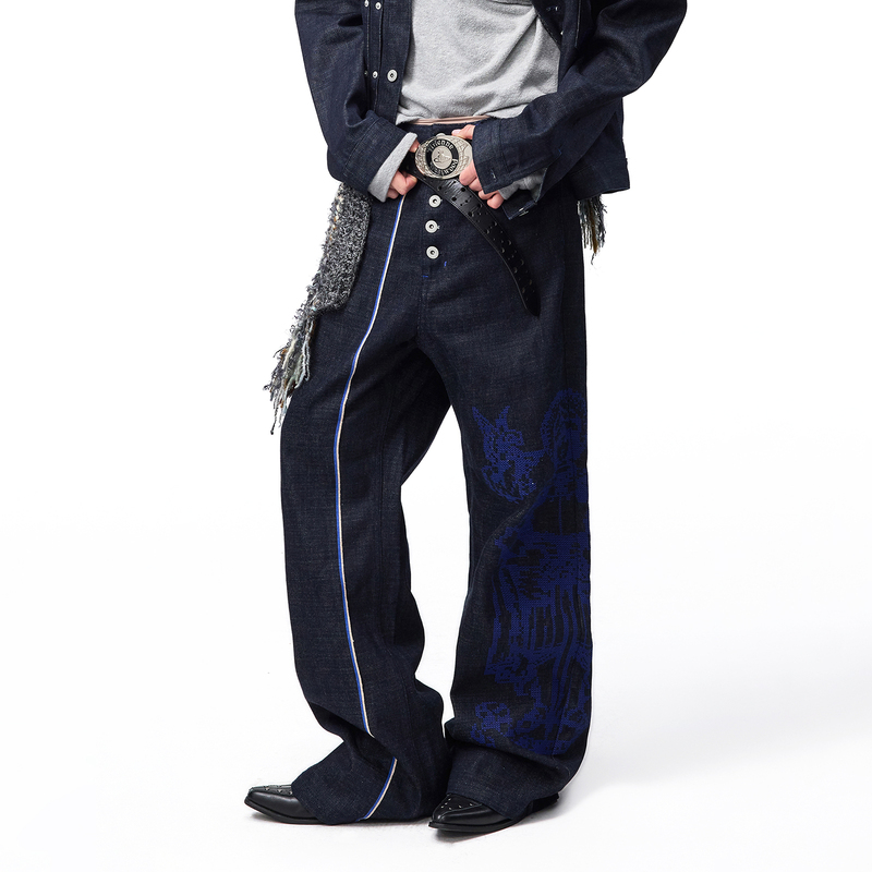 Emobrother* Vintage Blue Trim Raw Denim Color-Block Embroidery Ykk Rivet Wheat Spike Star-Shaped Buckle Jeans