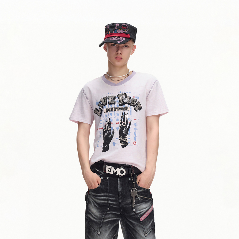 Emobrother* Retro Rugby Jersey Washed and Distressed Printed V-Neck Pure Cotton Slub Texture Short-Sleeved T-Shirt