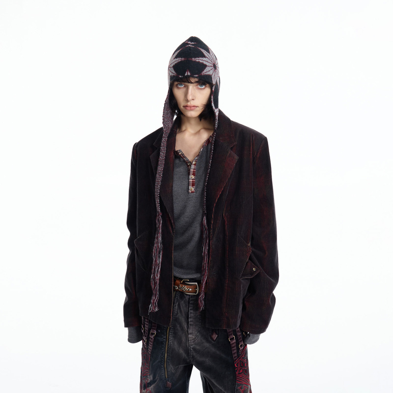 Emobrother* Black and Red Contrast Plaid Corduroy Flocking Print Oversized Short Casual Shoulder-Padded Blazer