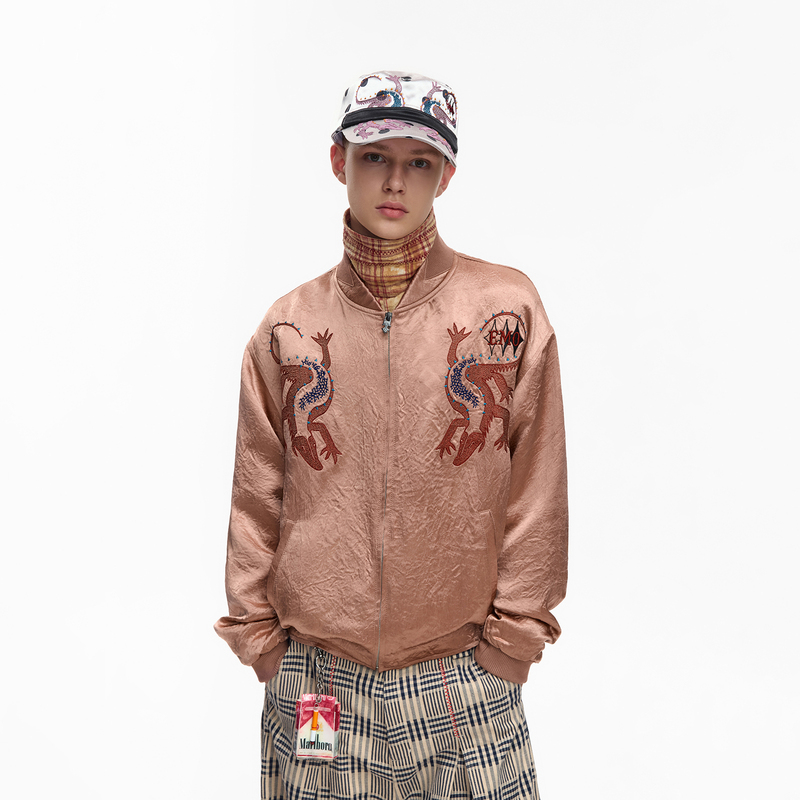 Emobrother* Retro Embroidered Tiger Pattern Portrait Print 100% Acetate Yokosuka Jacket