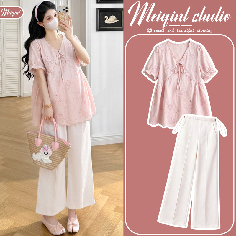 Maternity Wear Summer Top 2026 New Fashion Embroidered V-Neck Babydoll Top Apricot Wide-Leg Pants Two-Piece Set
