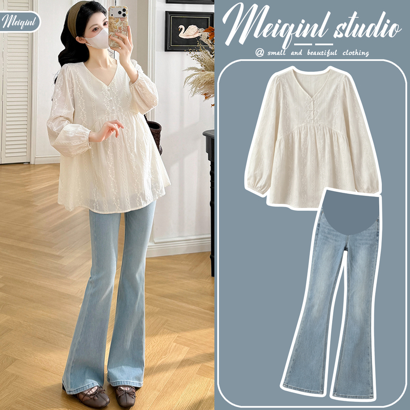 Maternity Autumn Outfit 2026 New Fashion Belly-Covering Pure Cotton Embroidered V-Neck Top and Flared Jeans Two-Piece Set Maternity Autumn Outfit 2026 New Fashion Belly-Covering Pure Cotton Embroidered V-Neck Top and Flared Jeans Two-Piece Set