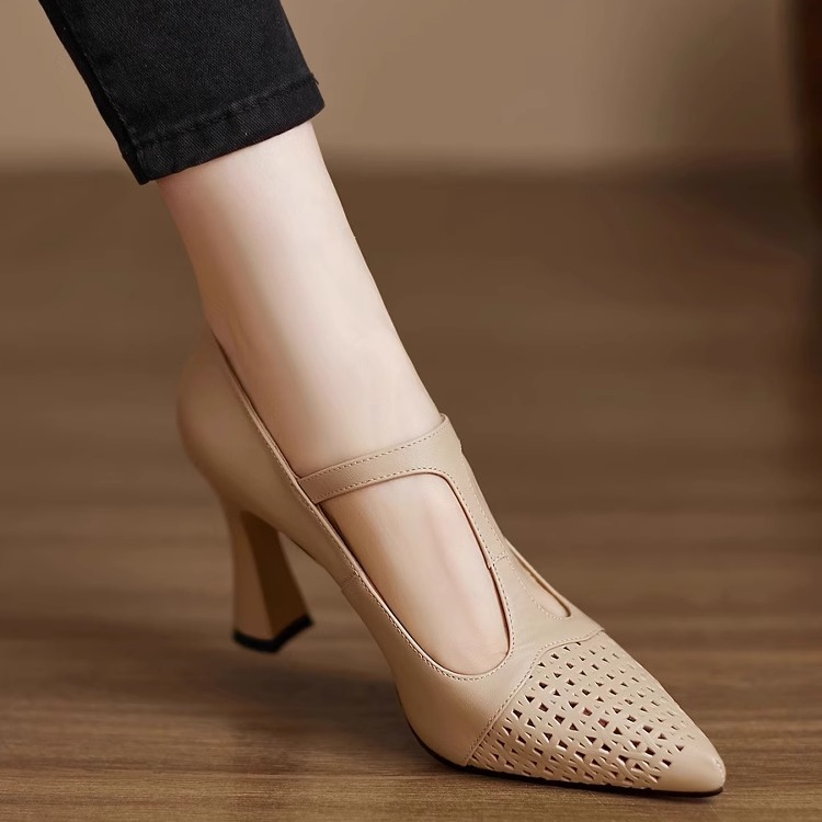 フレンチハイヒール、セクシーな尖ったつま先、浅めの靴、編み込み中空Tバックル、メリージェーンシューズ、本革ホールシューズ、女性用