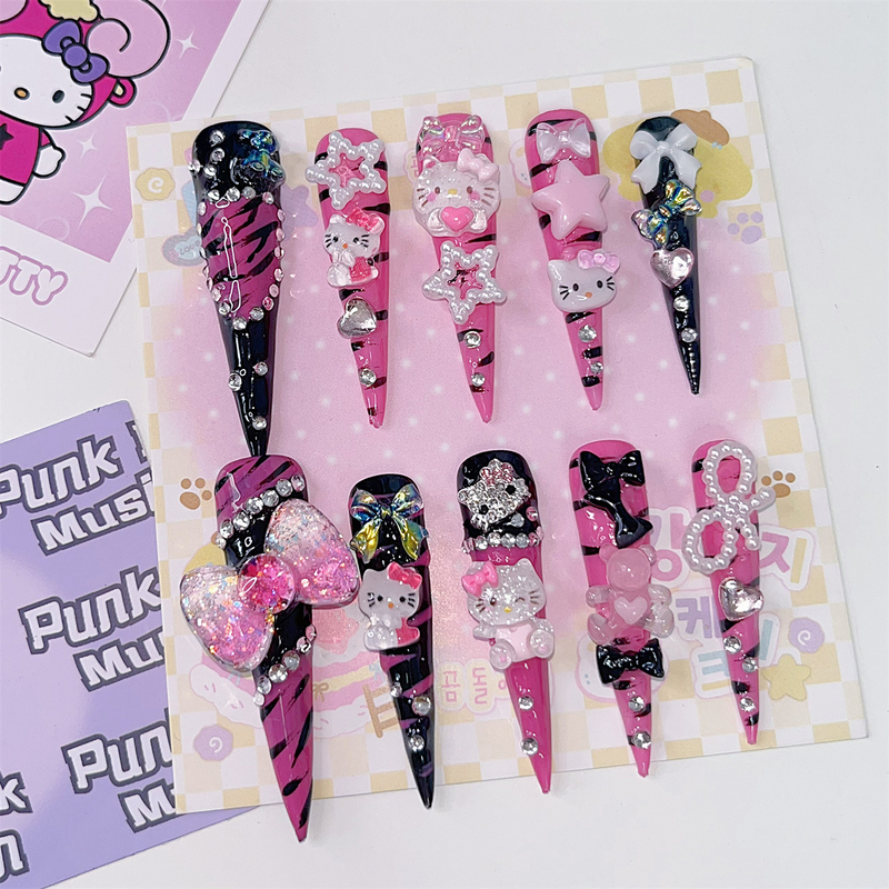 Japanese Harajuku Y2K Retro 90S Cat-Shaped Pointed Nail Tips with Pink Spots, Handmade Nail Art for Millennial Hot Girls