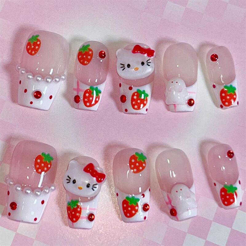 June 1St Planet* Japanese-Style Cute and Sweet Strawberry Kitten French Internet Celebrity Y2K Detachable Wearable Handmade Nail Tips