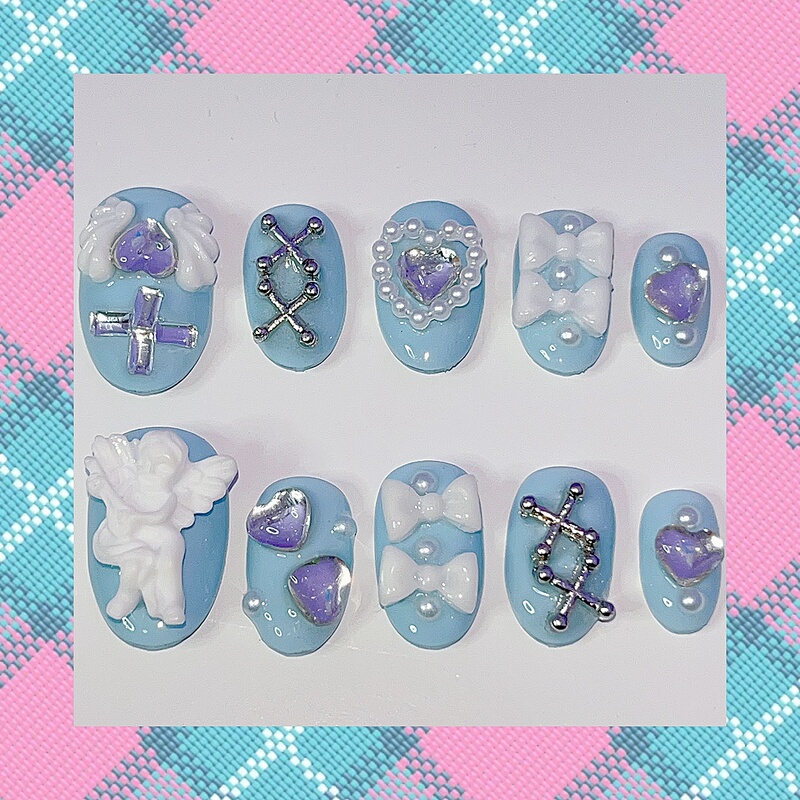 Children's Day Planet* Aqua Color ins Japanese Harajuku Girl Y2K Hot Girl Bowknot Wearable Short Handmade Nail Art Pieces