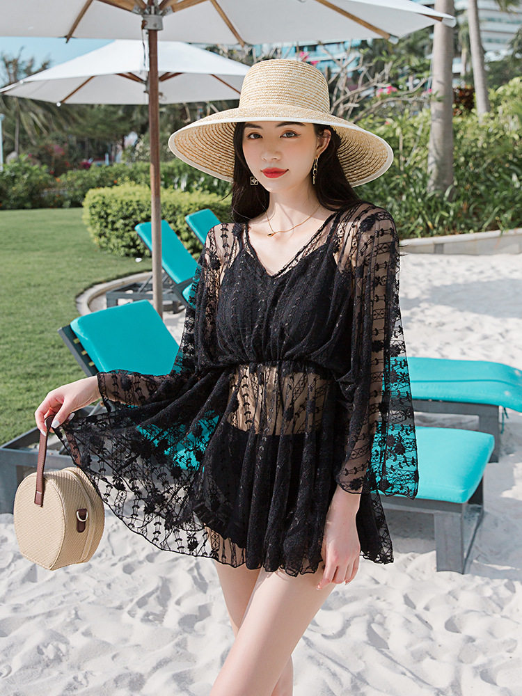 ins swimsuit women's conservative small chest super fairy fan two-piece three-piece set thin lace blouse high waist 2021 new