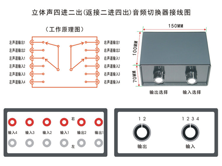 The stereo four-in, two-out audio signal switcher uses a gold-plated RCA socket (four-in,2-out) equipment PK