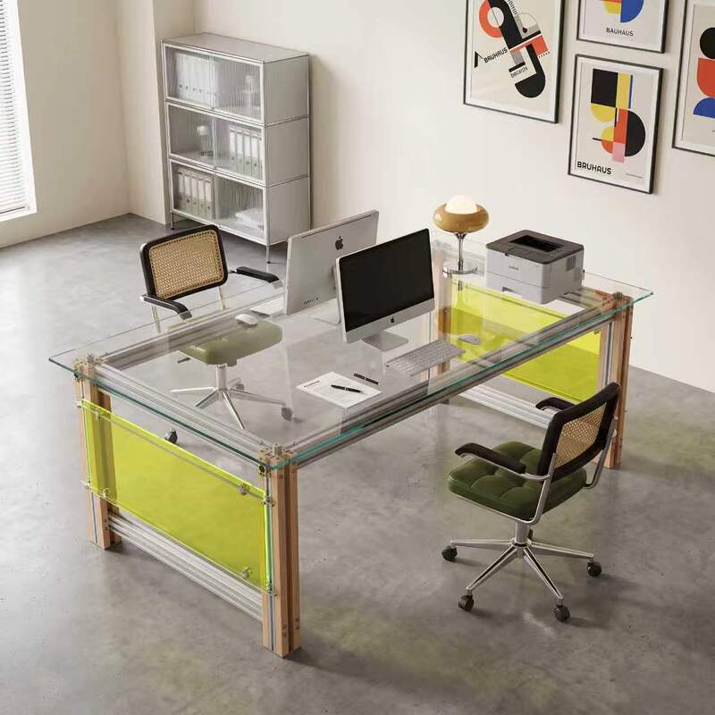 Modern Simple Transparent Glass Desk Office Desk Yellow Metal Stand Creative Designer Workbench Long Table Modern Simple Transparent Glass Desk Office Desk Yellow Metal Stand Creative Designer Workbench Long Table
